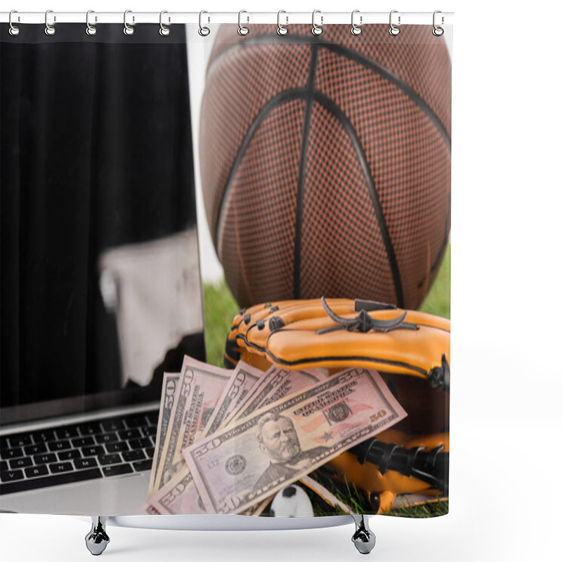 Personality  Close Up View Of Dollar Banknotes In Baseball Glove Near Toy Soccer Ball, Laptop And Basketball Ball Isolated On White, Sports Betting Concept Shower Curtains