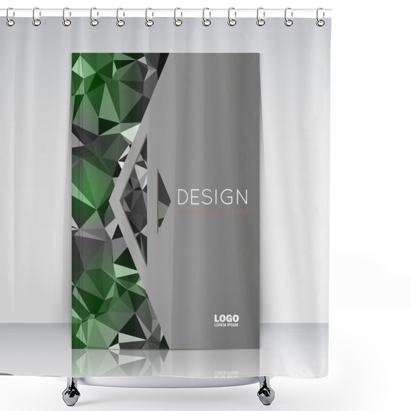 Personality  Abstract Composition. Green Polygonal Texture. Triangle Rademark Construction. Lines Plexus Section. Grey Brochure Title Sheet. Creative Arrow Figure Icon Surface. Unusual Banner Form. Flyer Font. Shower Curtains