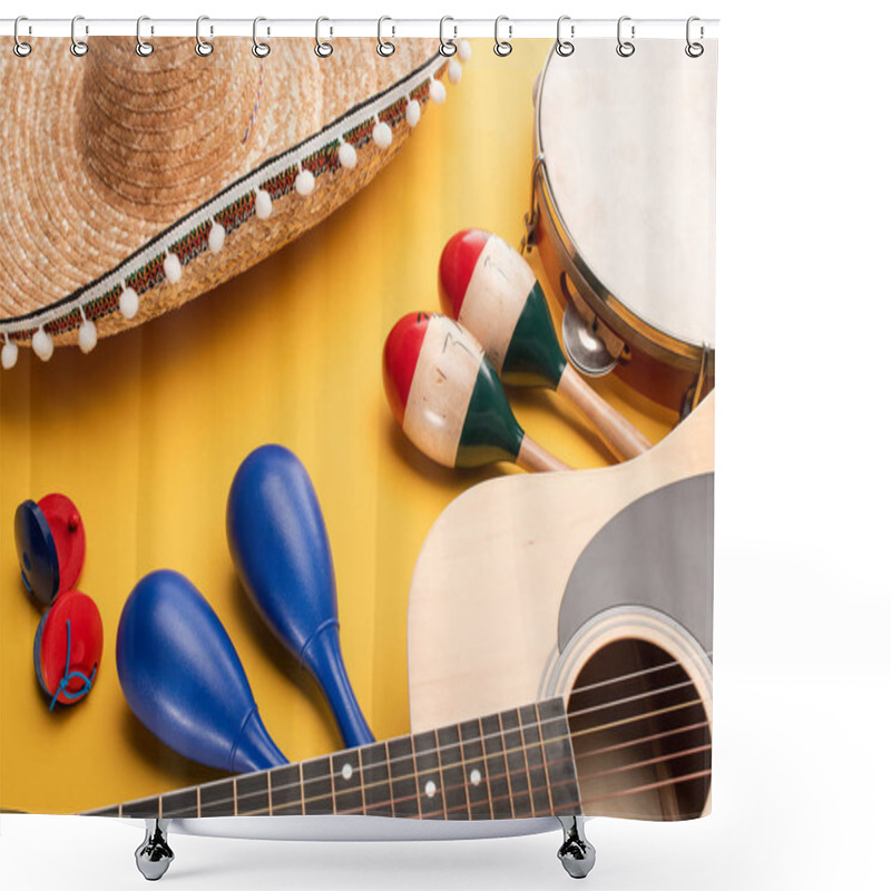 Personality  Musical Instruments And Mexican Sombrero On Yellow Background Shower Curtains