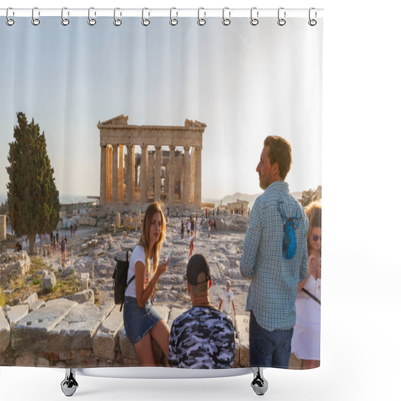 Personality  Athens, Greece - June 9, 2018: Tourists Posing For Photos On The Acropolis Against The Parthenon On A Summer Afternoon Shower Curtains