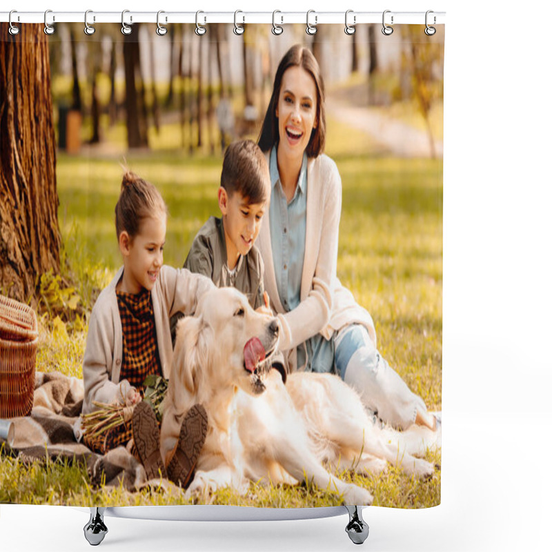 Personality  Children And Mother Petting Dog In Park Shower Curtains