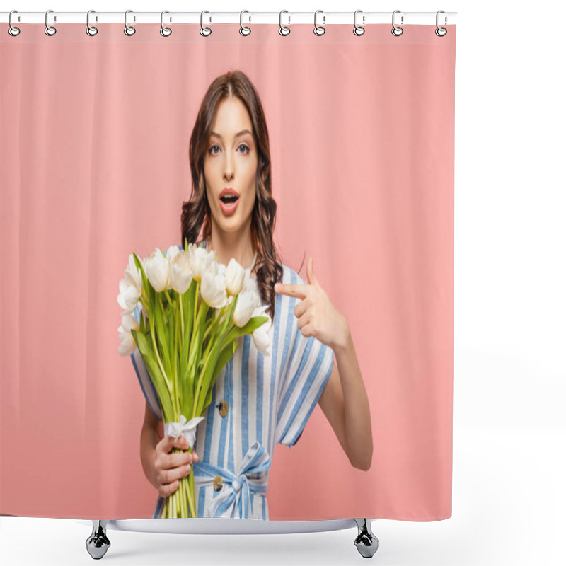 Personality  Surprised Girl Pointing With Finger At Bouquet Of White Tulips While Looking At Camera Isolated On Pink Shower Curtains