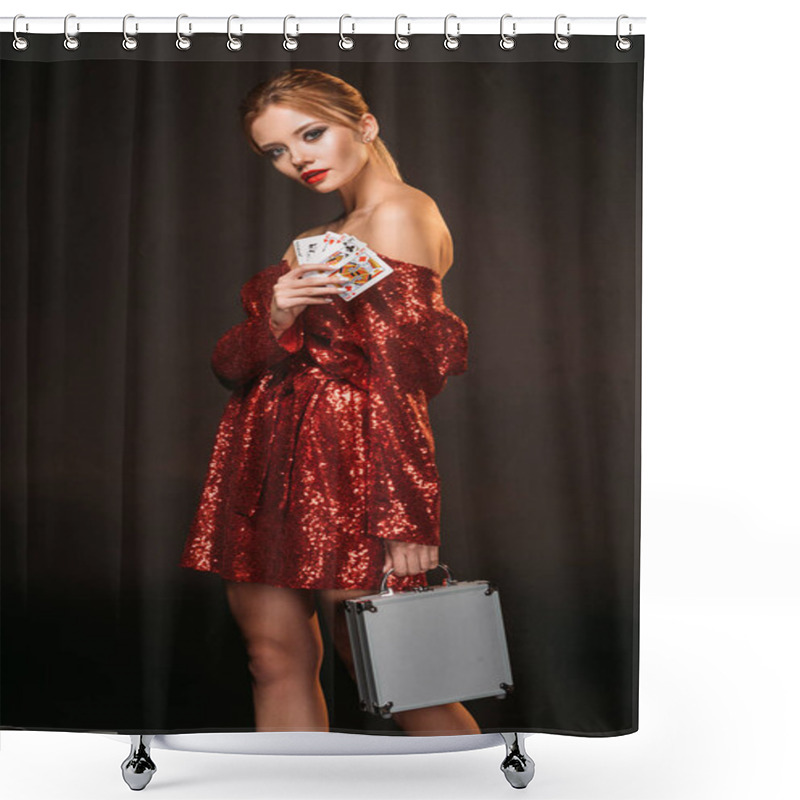 Personality  Beautiful Girl In Red Shiny Dress Holding Playing Cards And Money Box Isolated On Black Shower Curtains