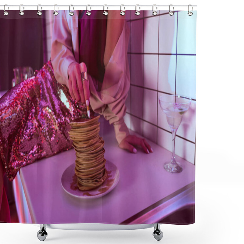 Personality  cropped view of woman putting out cigarette in pancakes in kitchen shower curtains