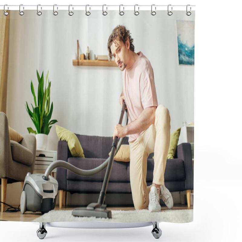 Personality  A Man In Cozy Homewear Peacefully Vacuums A Living Room. Shower Curtains