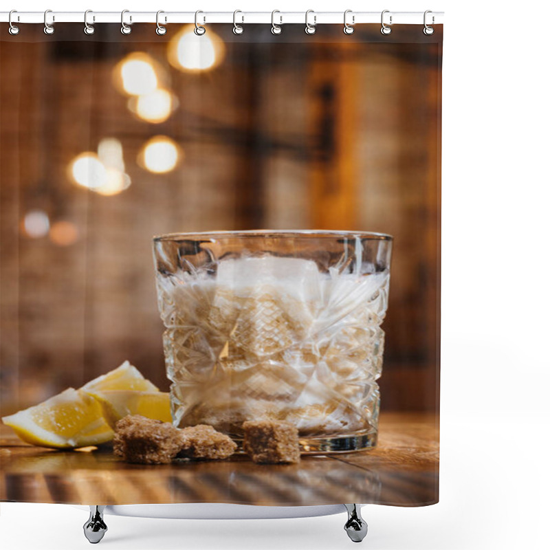 Personality  Close-up View Of Glass With Cream Alcohol Cocktail, Lemon And Brown Sugar On Wooden Table Shower Curtains