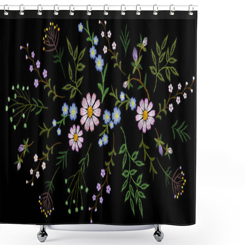 Personality  Embroidery Trend Floral Pattern Small Branches Herb Daisy With Little Blue Violet Flower. Ornate Traditional Folk Fashion Patch Design Neckline Blossom On Black Background Vector Illustration Shower Curtains