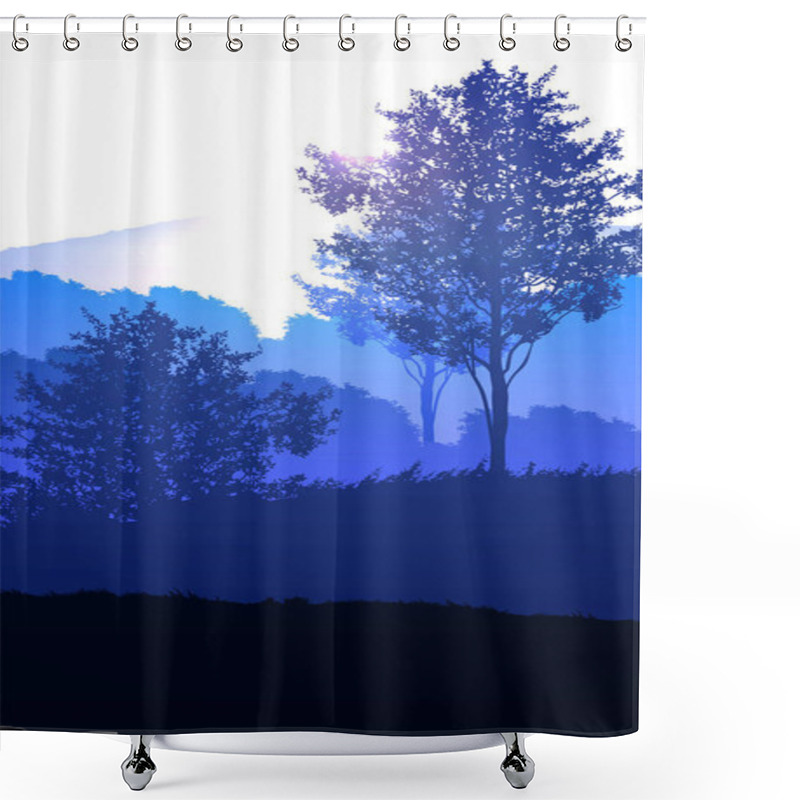 Personality  Natural Forest Mountains Horizon Hills Silhouettes Of Trees Evening Sunrise And Sunset Landscape Wallpaper Illustration Vector Style Colorful View Background Shower Curtains