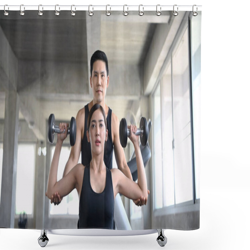 Personality  Sports Concept. The Girl Is Training Dumbbells With The Trainer  Shower Curtains