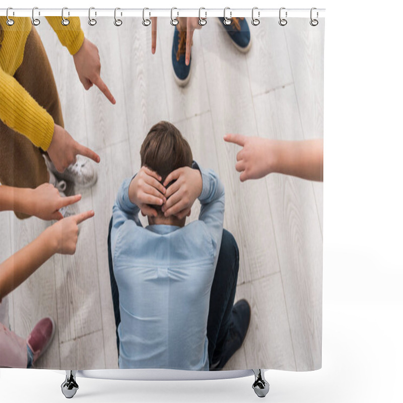 Personality  Top View Of Cruel Schoolkids Pointing With Fingers At Bullied Classmate  Shower Curtains