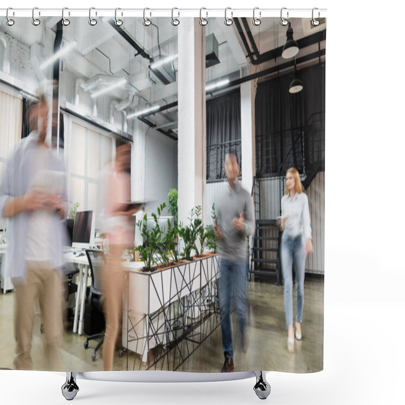 Personality  Motion Blur Of Businesspeople Walking Near Computers And Plants In Office  Shower Curtains