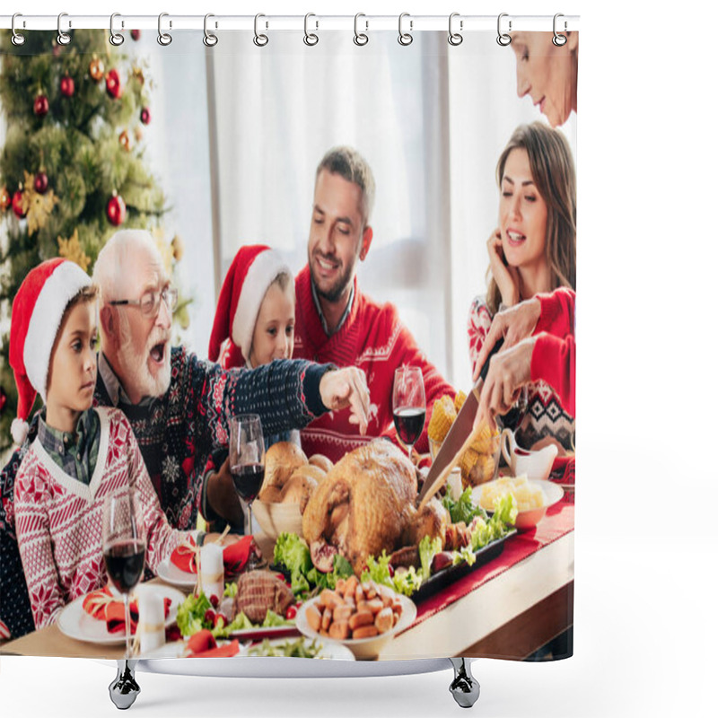 Personality  Senior Woman Cutting Turkey For Christmas Dinner With Happy Family At Home  Shower Curtains