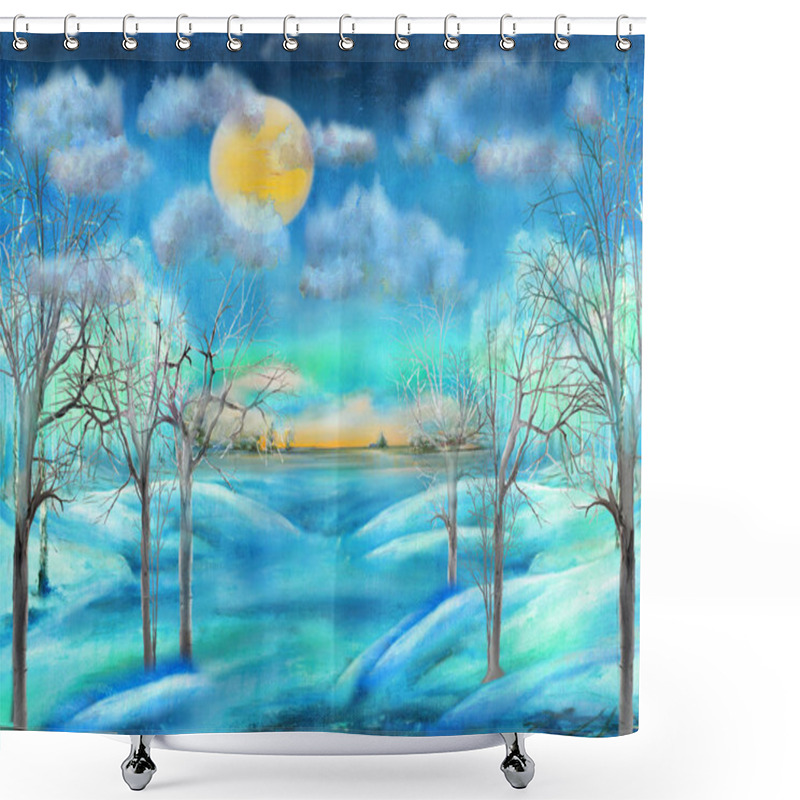 Personality  Oil Painting Of Night Winter Landscape With Full Moon Shower Curtains