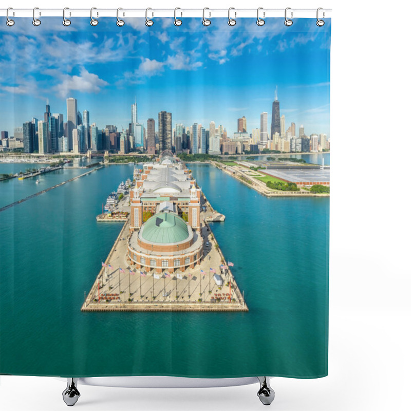 Personality  Chicago Skyline Aerial View With Famous Pier Shower Curtains