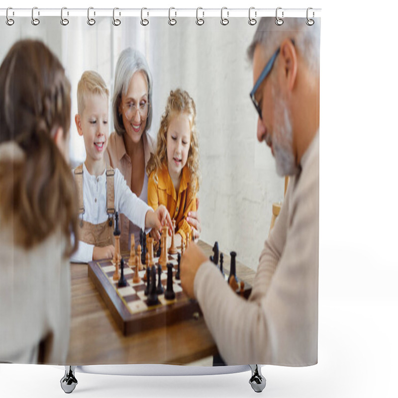 Personality  Children Brother And Sister Playing Chess While Sitting In Living Room With Senior Grandparents Shower Curtains