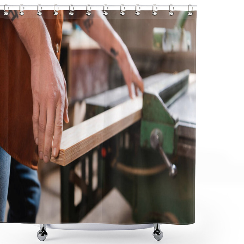 Personality  Partial View Of Tattooed Furniture Designer With Wooden Plank In Woodwork Studio Shower Curtains