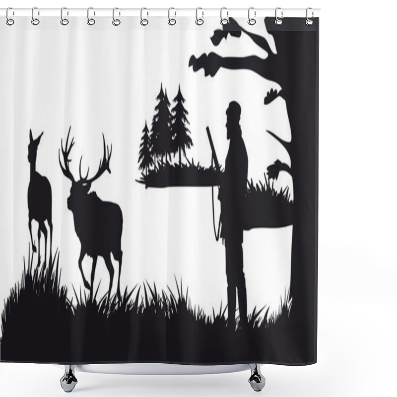 Personality  Hunter With Dog Hunting Animals In The Forest - Black And White Silhouette Shower Curtains