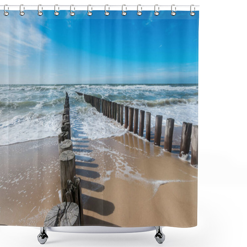 Personality  Breakwater Of Two Rows Of Wooden Poles At The Dutch North Sea Coast  Shower Curtains