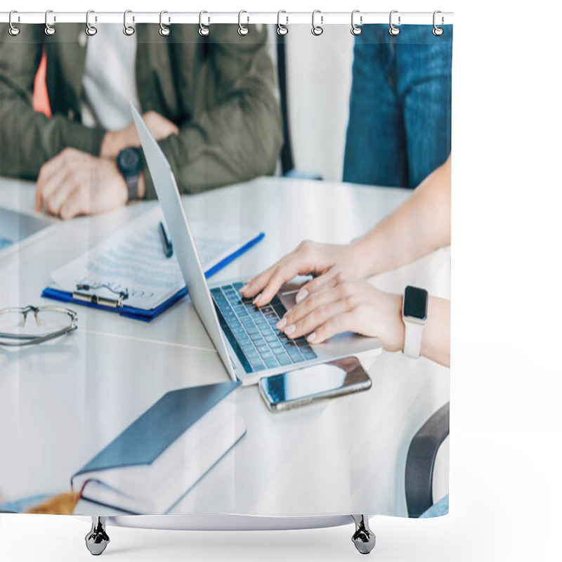 Personality  Cropped Shot Of Business Colleagues Working Together With Documents And Laptop At Office Shower Curtains