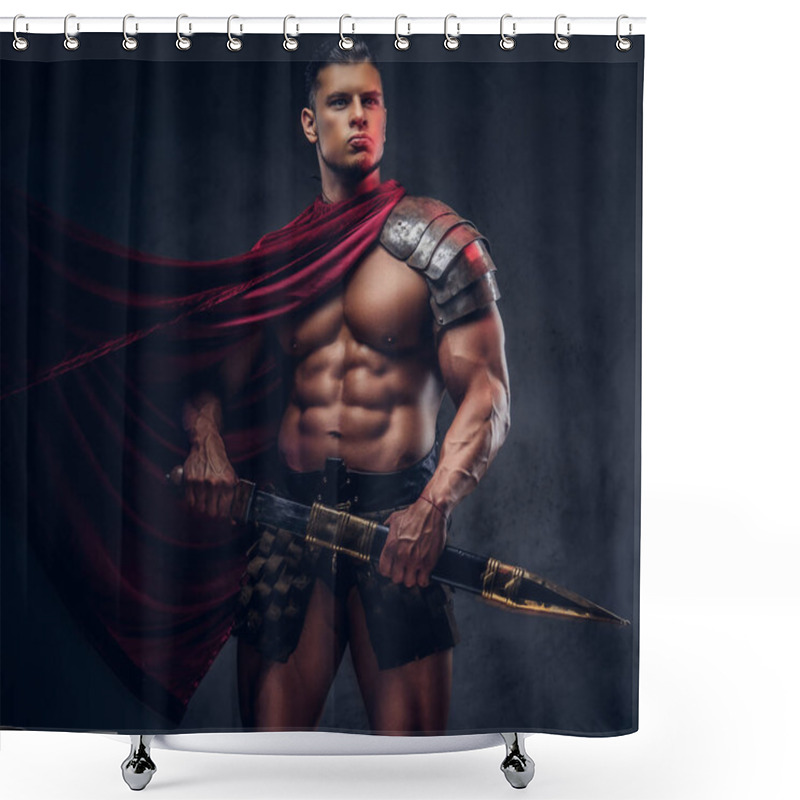 Personality  Brutal Ancient Greece Warrior With A Muscular Body In Battle Uniforms Posing On A Dark Background. Shower Curtains