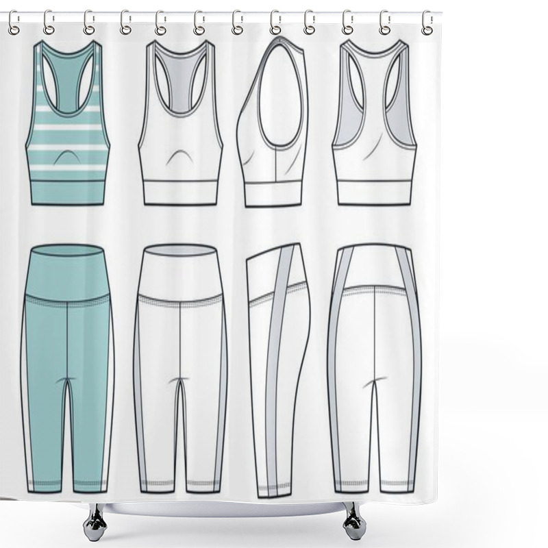 Personality  Crop Top And Cycling Shorts Technical Fashion Illustration, Striped Design. Leggings, Tank Top Fashion Flat Technical Drawing Template, Slim Fit, Front, Side And Back View, White, Green, Women Sportswear CAD Mockup Set. Shower Curtains