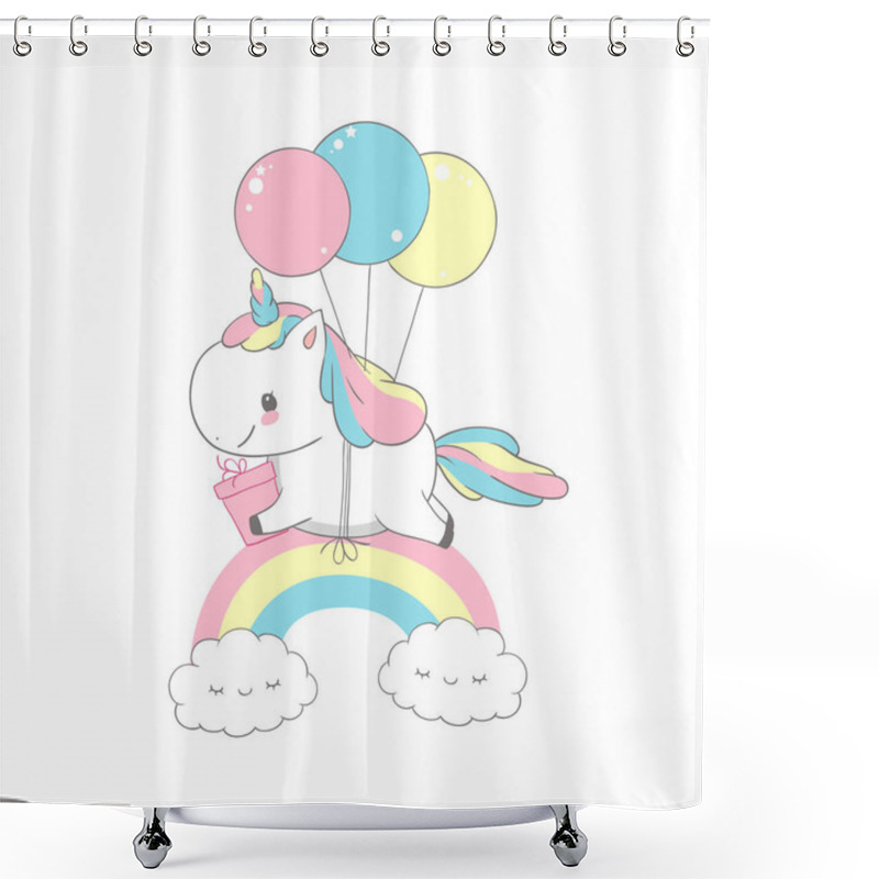 Personality  Unicorn Flying Balloons Over Rainbow Birthday Card. Happy Little Pony Hold Gift. Can Be Used For T-shirt Print, Kids Wear Fashion Design, Baby Shower Invitation Card. Postcard Design Shower Curtains