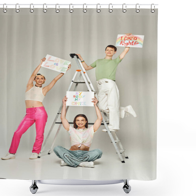 Personality  Full Length Of Cheerful Lgbt Friends Holding Placards With Love Is Love, My Body My Choice And Lgbtq Rights Lettering Near Ladder On Grey Background, Pride Month Concept  Shower Curtains