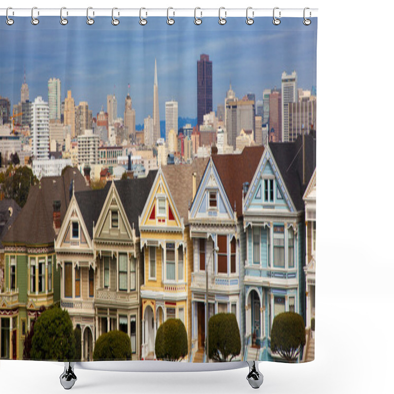 Personality  Famous Row Houses In San Francisco Ca. With Skyline Behind Shower Curtains