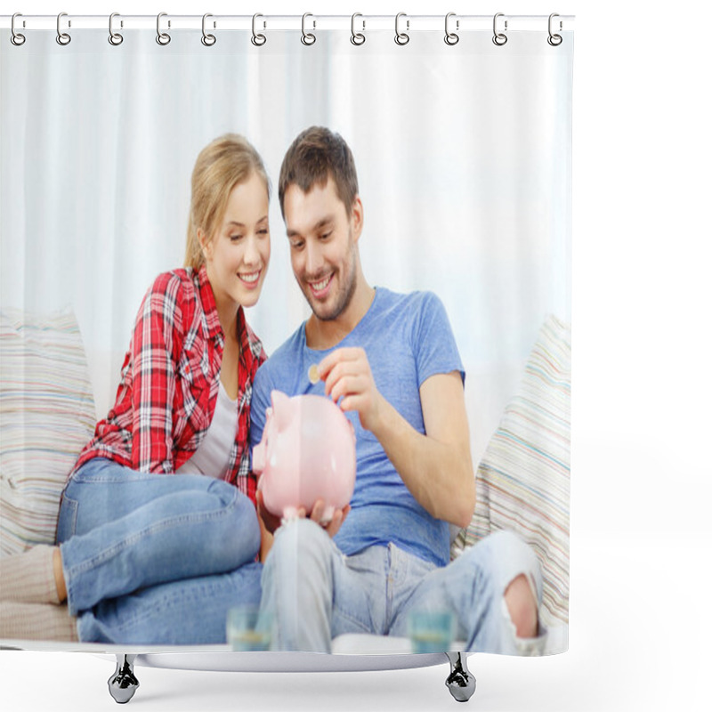 Personality  Smiling Couple With Piggybank Sitting On Sofa Shower Curtains