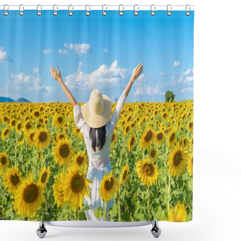 Personality  Portrait Of Happy Asian Woman Enjoying And Relaxing In A Full Bl Shower Curtains