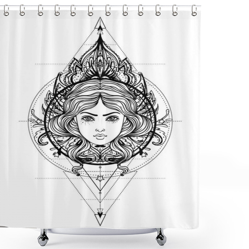 Personality  Divine Goddess. Black And White Girl Over Sacred Geometry Sign, Isolated Vector Illustration. Tattoo Sketch. Mystical Symbol. Alchemy, Occultism, Spirituality, Coloring Book. Hand-drawn Vintage. Shower Curtains