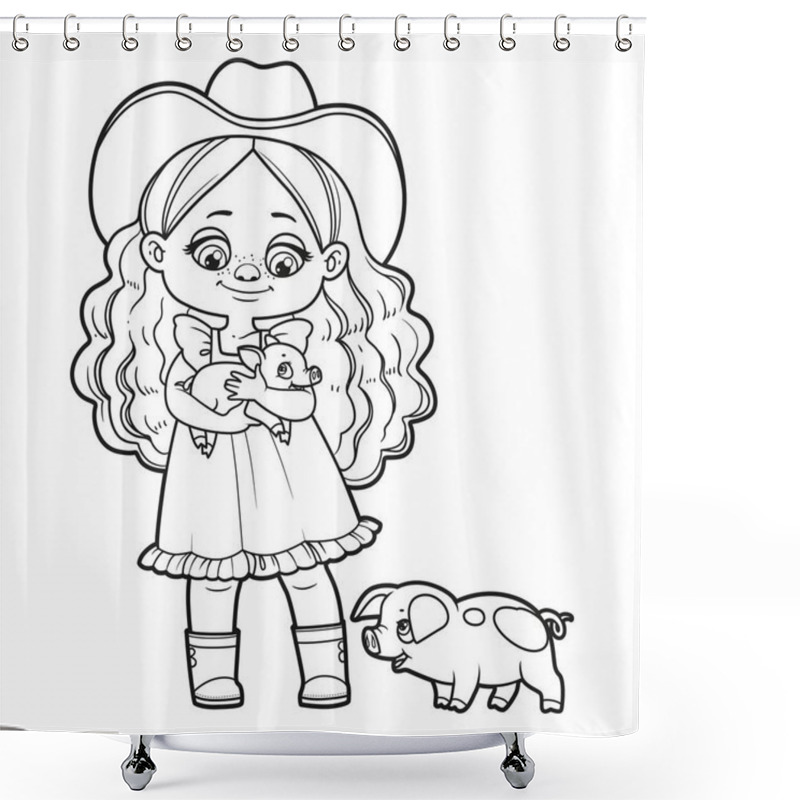 Personality  Cute Cartoon Girl Holding Little Pig In Her Hands And A Pig Nearby Outlined For Coloring Page On White Background Shower Curtains