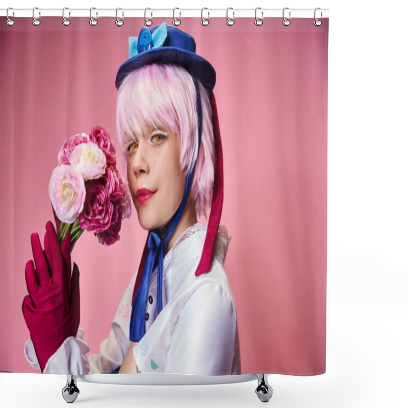 Personality  Alluring Cute Female Cosplayer In Vibrant Costume Holding Pink Flowers And Looking At Camera Shower Curtains