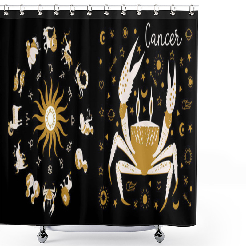 Personality  Zodiac Sign Cancer. Full Horoscope In The Circle. Horoscope Wheel Zodiac With Twelve Signs Vector. Aries; Taurus; Gemini; Cancer; Leo; Virgo; Libra; Scorpio; Sagittarius; Capricorn; Aquarius, Pisces Shower Curtains