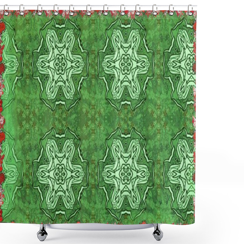 Personality  Seamless Flowers Pattern. Raster Illustration. In Asian Textile Style On Green Colors. Shower Curtains