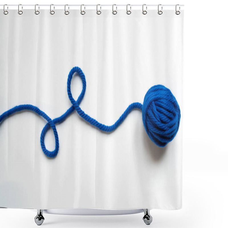 Personality  Top View Of Blue Wool Yarn On White Background Shower Curtains