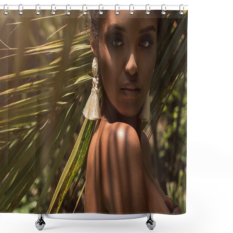 Personality  Tropical Shoot Of Beautiful African American Woman Wearing Only Earring, Posing Over Palm Leaves. Shower Curtains