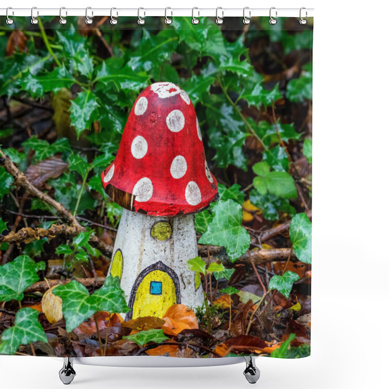 Personality  Artificial Childhood Display Of A Fly Agaric Red And White Wooden House Mushroom In An Enchanted Fairy Toadstool Woodland During The Autumn Fall Season Of November, Stock Image Photo Shower Curtains