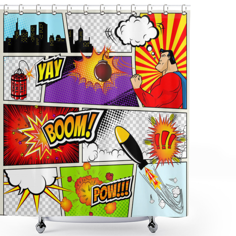 Personality  Comics Template. Vector Retro Comic Book Speech Bubbles Illustration. Mock-up Of Page With Place For Text, Bubbls, Symbols, Sound Effects, Colored Halftone Background And Superhero Shower Curtains