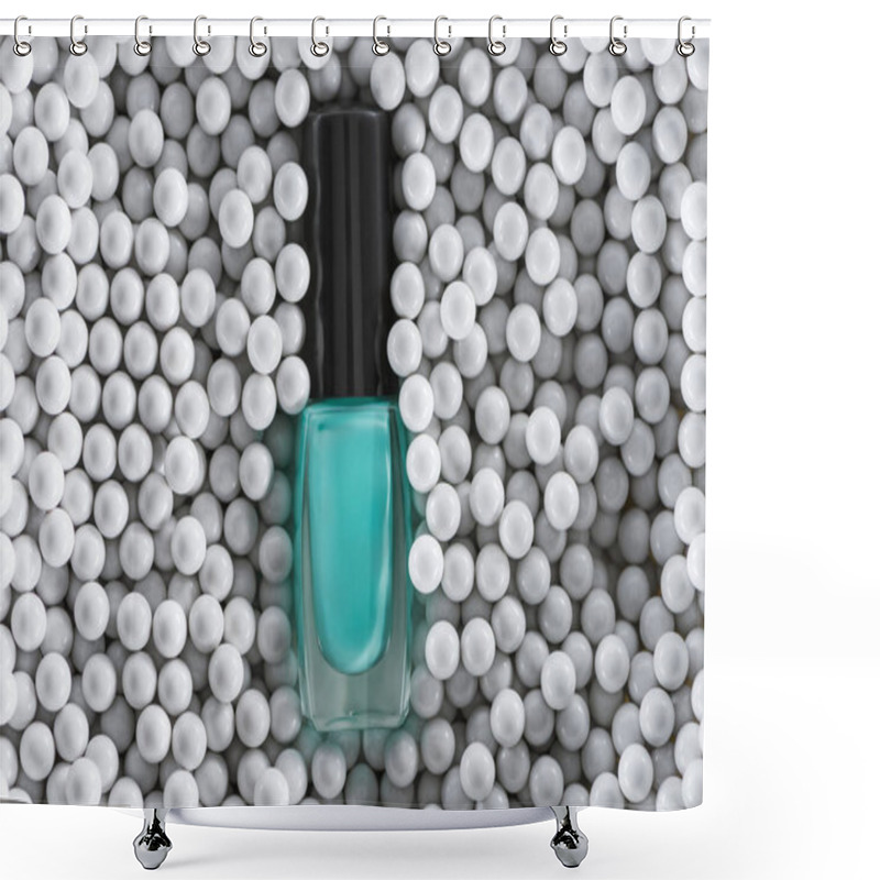 Personality  Top View Of Blue Nail Polish In Bottle Among Grey Decorative Beads Shower Curtains