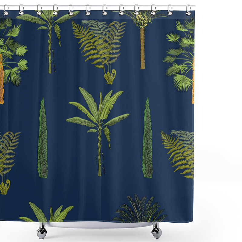 Personality  Vector Drawn Seamless Pattern Of Tropical Palm Trees And Plants In A Sketch Style. Exotic Collection. Shower Curtains