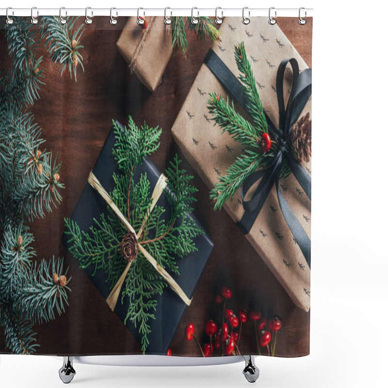 Personality  Top View Of Christmas Gift Boxes With Fir Branches And Decorative Berries On Wooden Background   Shower Curtains