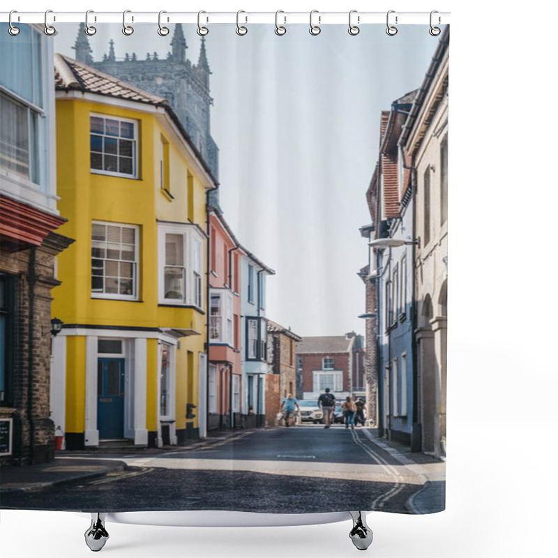 Personality  People Walking Past Colourful Houses In Cromer, Norfolk, UK. Shower Curtains