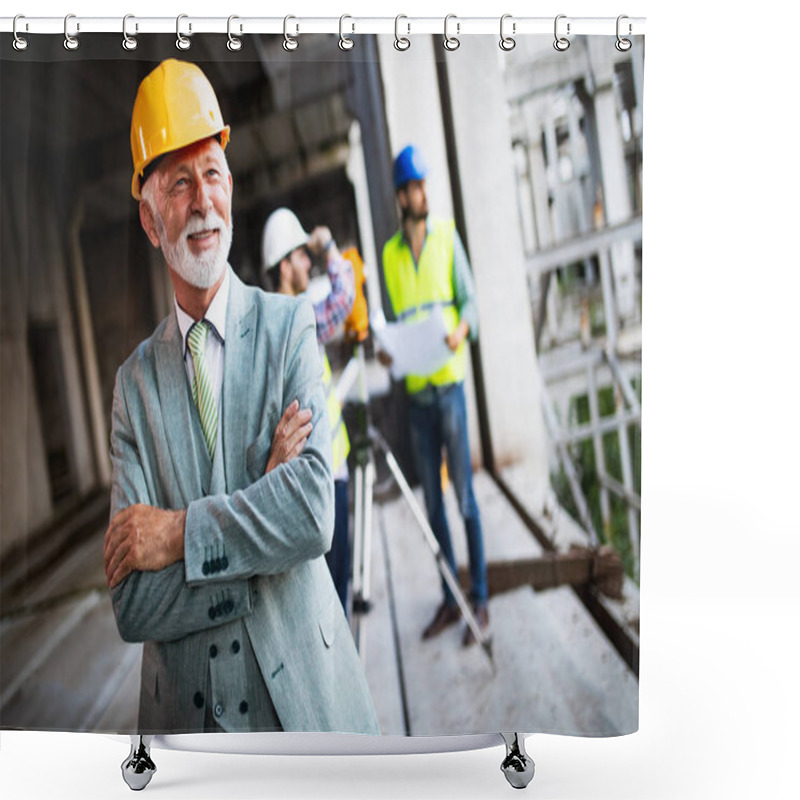 Personality  Engineer, Foreman And Worker Discussing And Working In Building Construction Site Shower Curtains