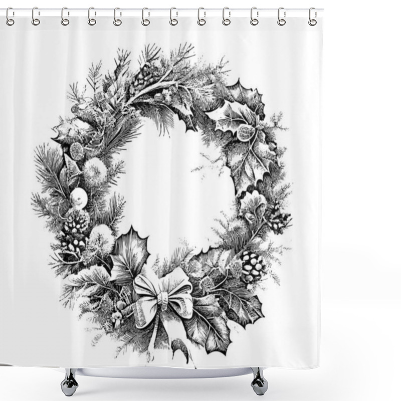 Personality  Christmas Wreath Hand Drawn In Engraved Style Sketch Vector Illustration. Shower Curtains