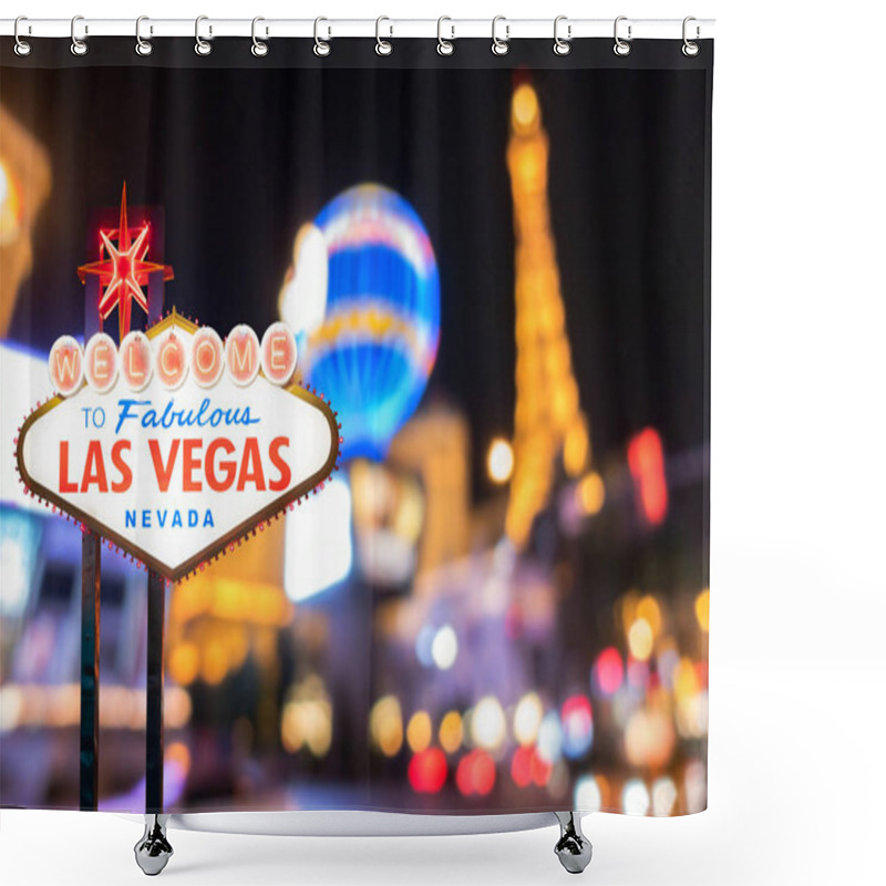 Personality  Famous Las Vegas Sign At Night With Las Vegas Cityscape Blur Background. Shower Curtains