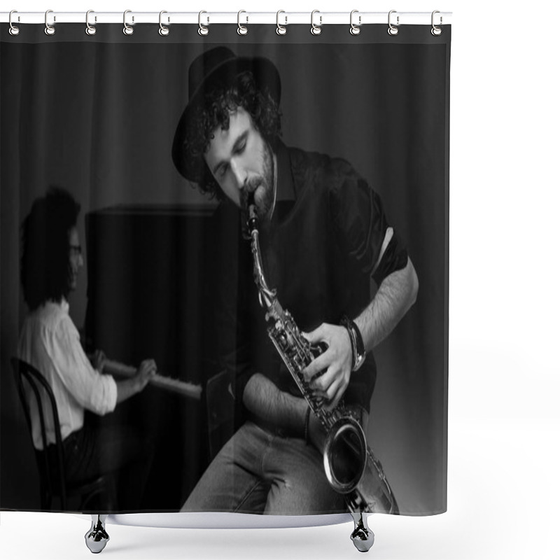 Personality  Black And White Shot Of Man Playing Saxophone While His Partner Playing Piano Blurred On Background Shower Curtains