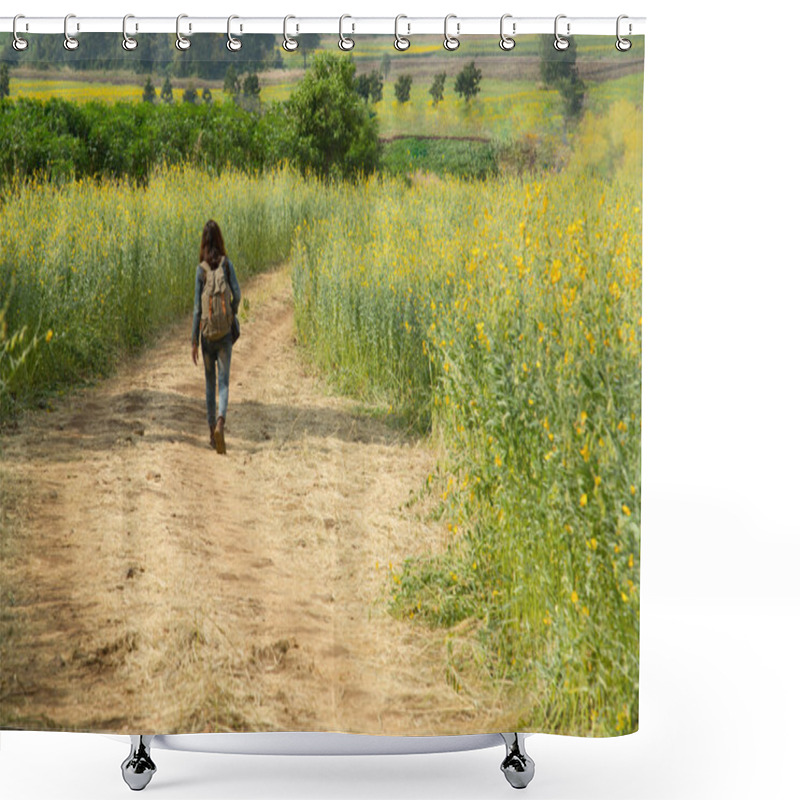 Personality  Girl Wearing A Backpack Walking Down On Road Alon Shower Curtains