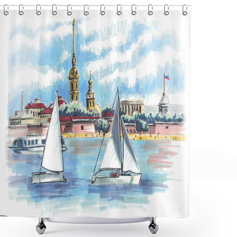 Personality  Yachts With White Sails On The Background Of The Peter And Paul Fortress Shower Curtains