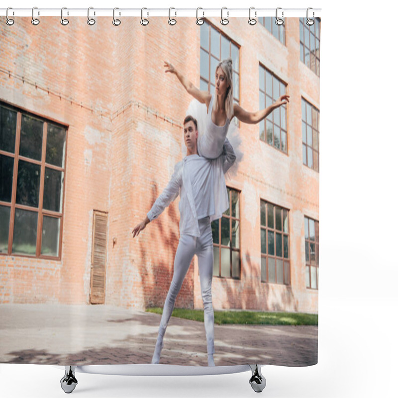 Personality  Low Angle View Of Young Ballet Dancers In White Clothes Dancing On Urban City Street     Shower Curtains